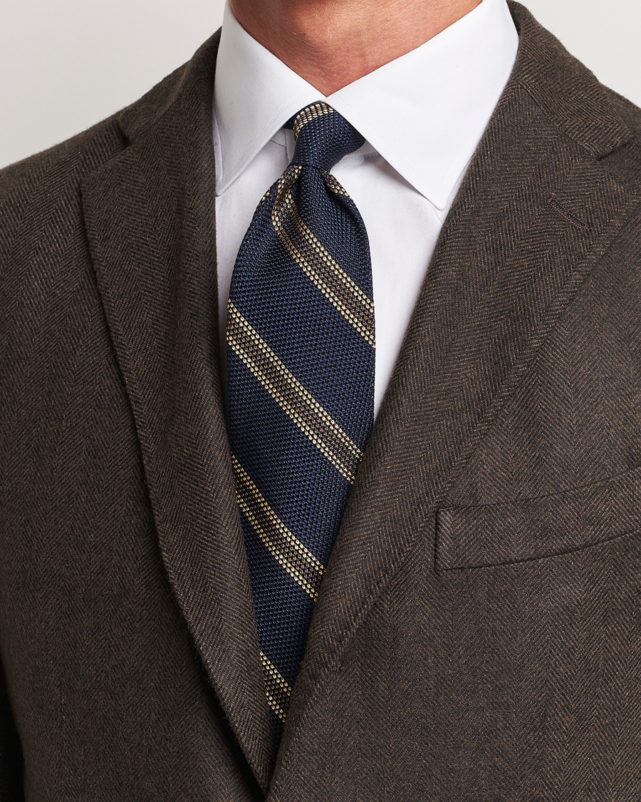 Herr | Italian Department | Finamore Napoli | Regimental Grenadine Silk Tie Navy/Brown