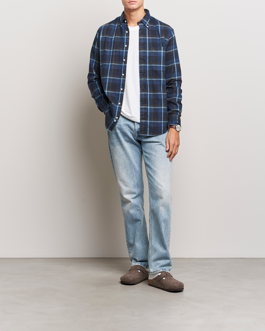 Herr | Skjortor | Gitman Vintage | Button Down Shaggy Flannel Shirt Navy Check