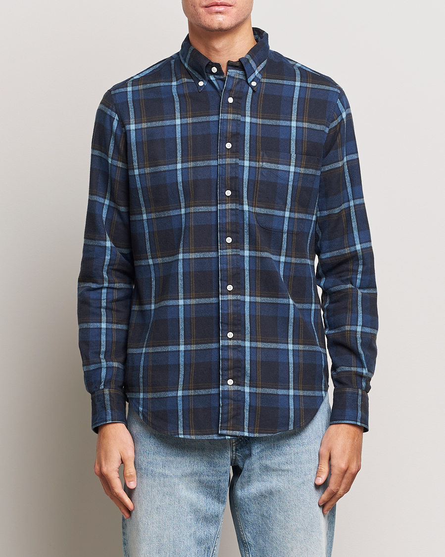 Herr | Flanellskjortor | Gitman Vintage | Button Down Shaggy Flannel Shirt Navy Check