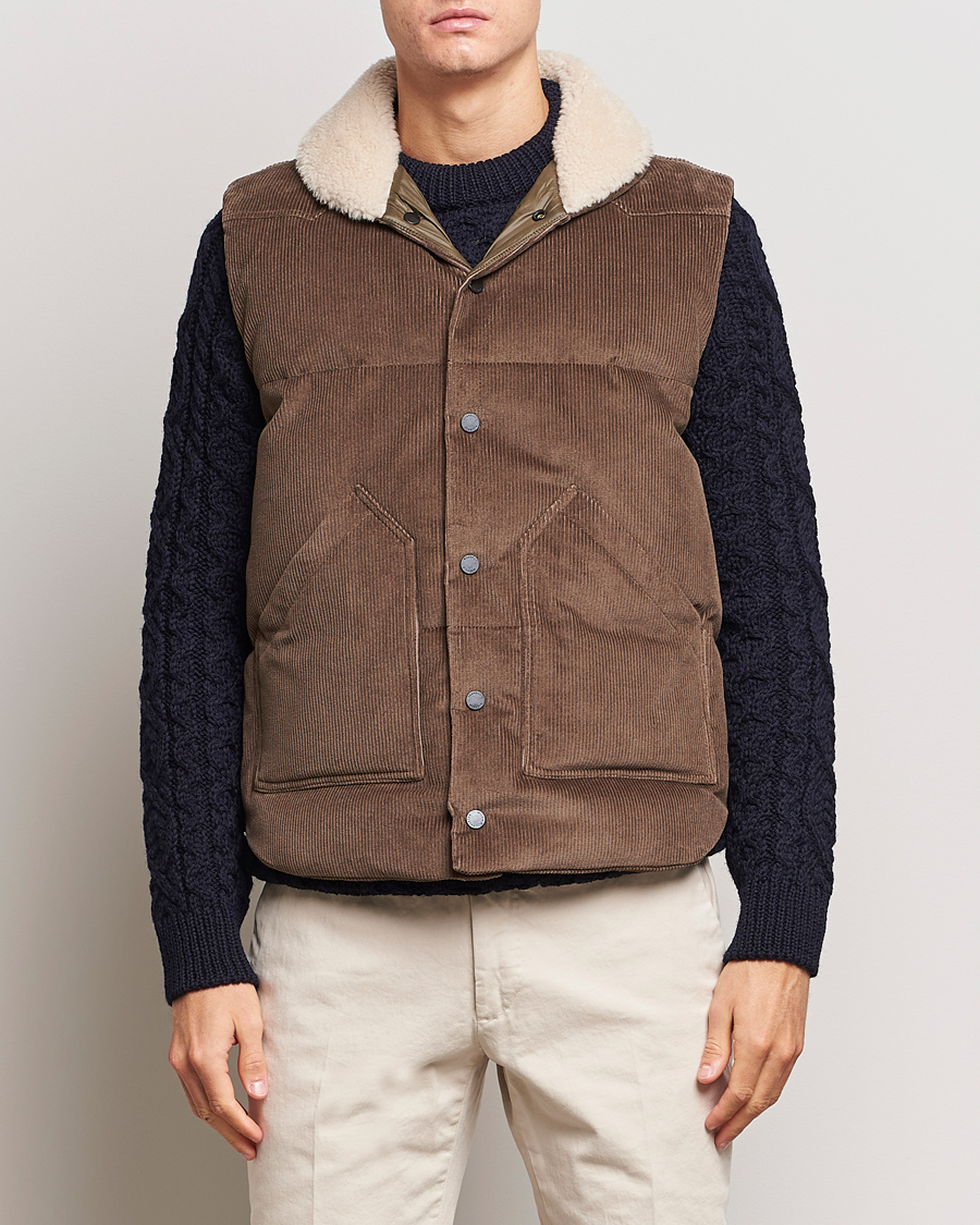 Herr | Jackor | Valstar | Corduroy Shearling Collar Down Vest Brown