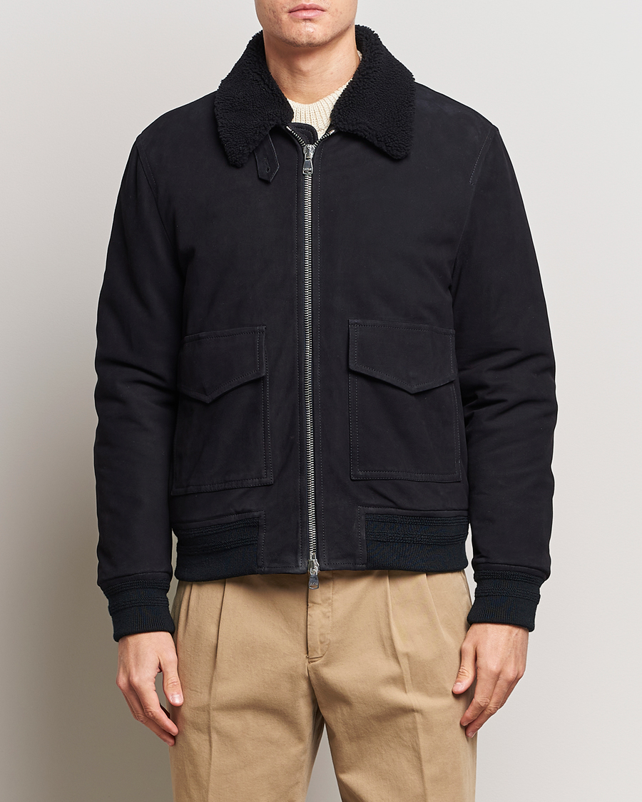 Herr | Jackor | Valstar | Shearling Collar Suede Bomber Navy
