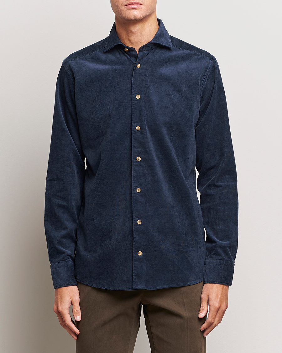 Herr | Skjortor | Eton | Slim Fit Fine Wale Corduroy Shirt Navy Blue