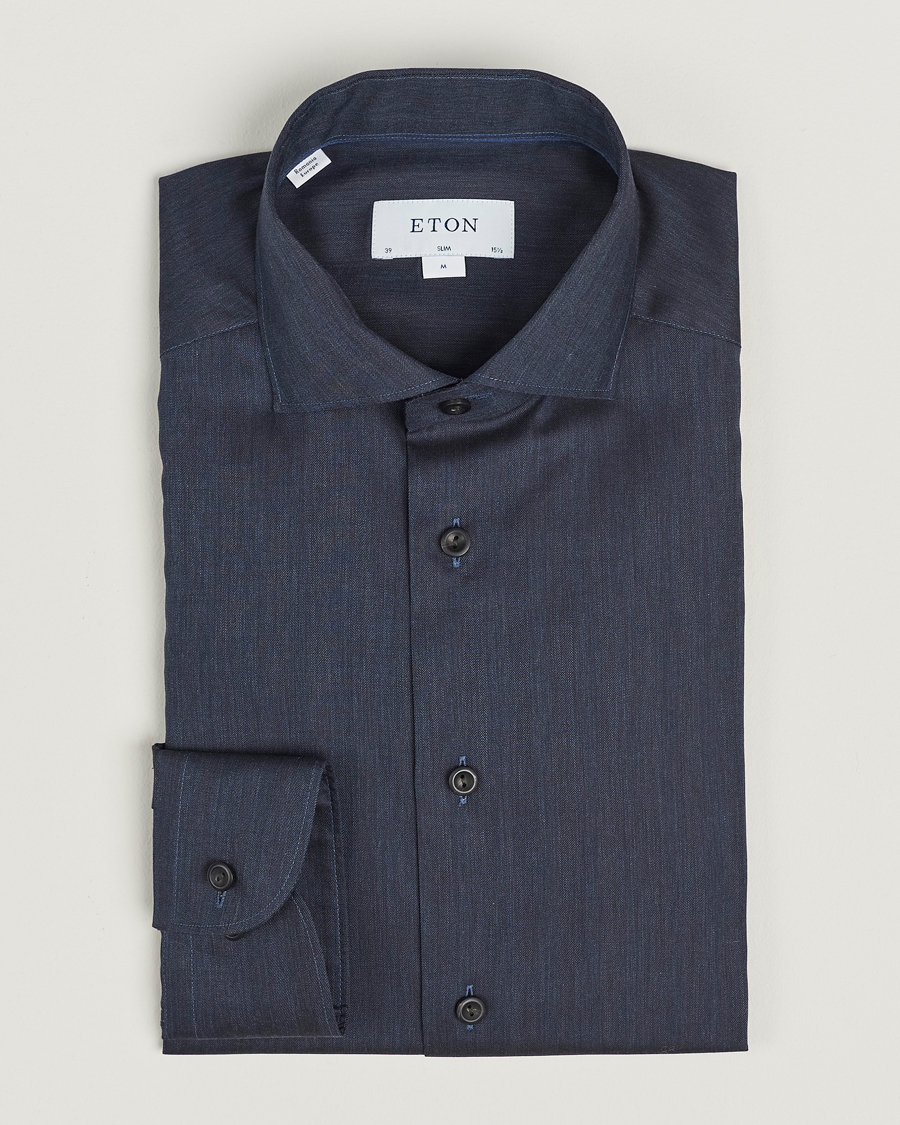 Herr | Skjortor | Eton | Slim Fit Wrinkle Free Flannel Shirt Navy Blue