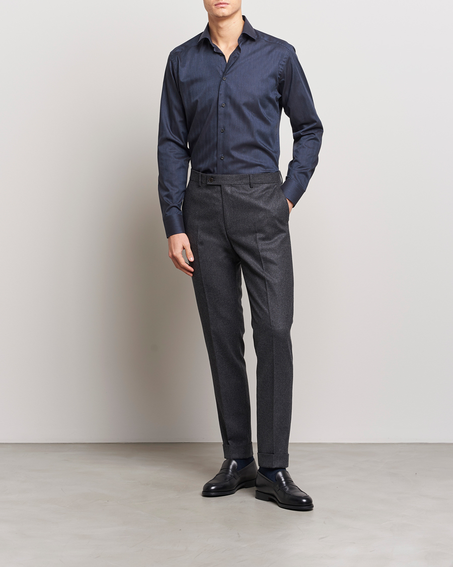 Herr | Skjortor | Eton | Slim Fit Wrinkle Free Flannel Shirt Navy Blue