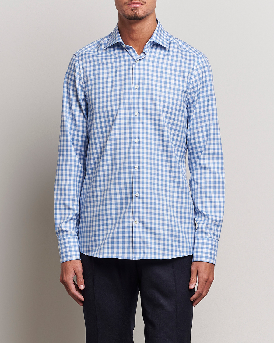 Herr |  | Stenströms | Slimline Check Cut Away Shirt Light Blue