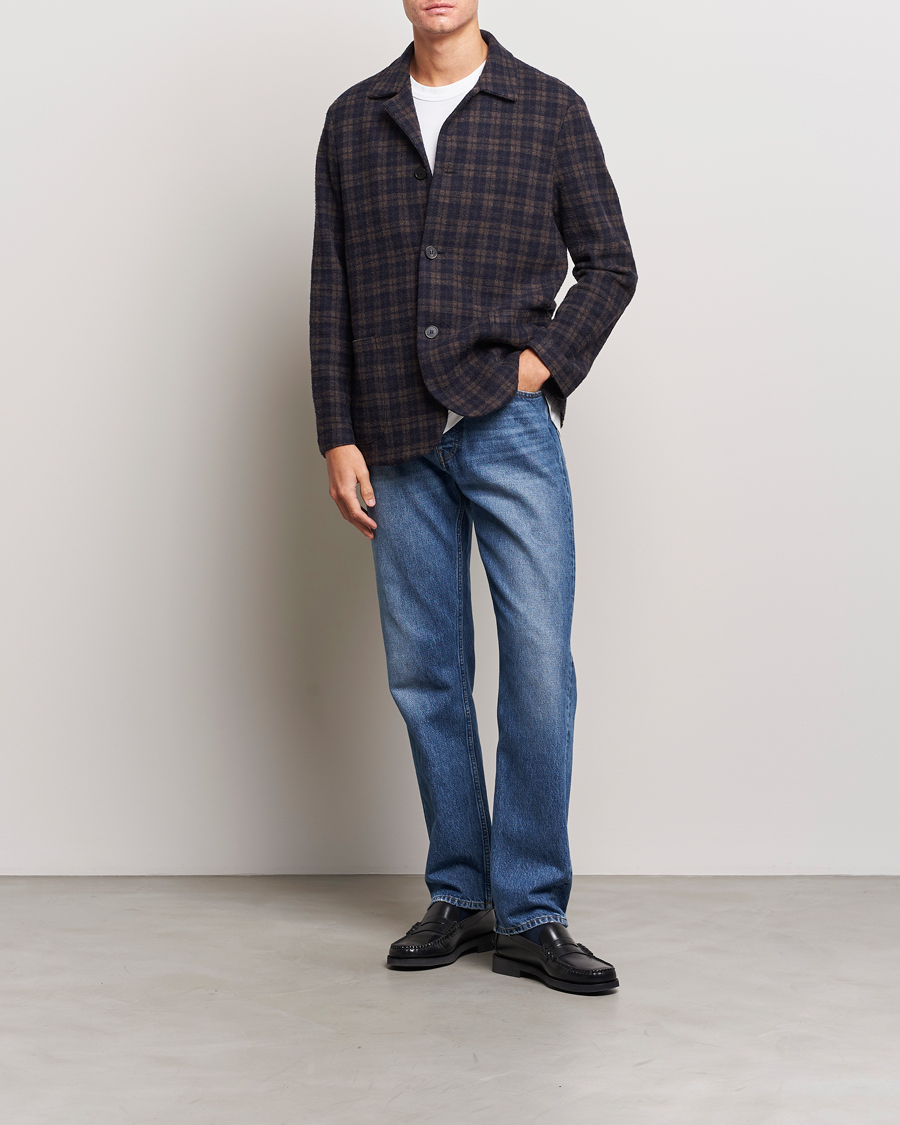 Herr | Kavajer | Harris Wharf London | Dropped Shoulder Checked Jacket Navy/Brown