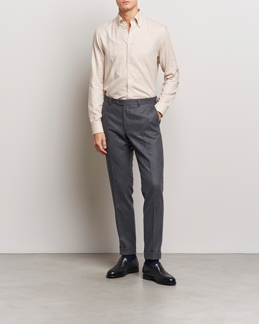 Herr | Skjortor | Morris Heritage | Herringbone Brushed Cotton Shirt Khaki