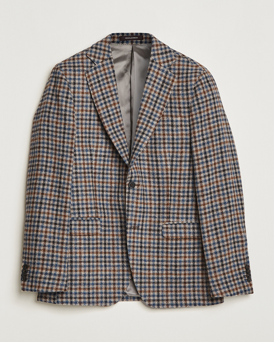 Herr | Kavajer | Oscar Jacobson | Fogerty Soft Small Checked Wool Blazer Blue/Brown