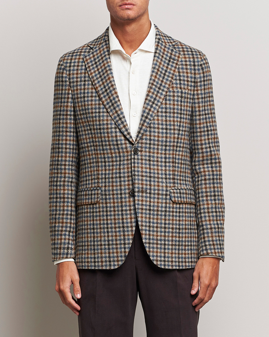 Herr | Kavajer | Oscar Jacobson | Fogerty Soft Small Checked Wool Blazer Blue/Brown