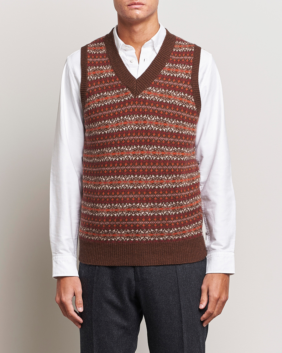 Herr | Västar & Slipovers | Oscar Jacobson | Lucas Fairisle Wool/Cashmere Vest Red