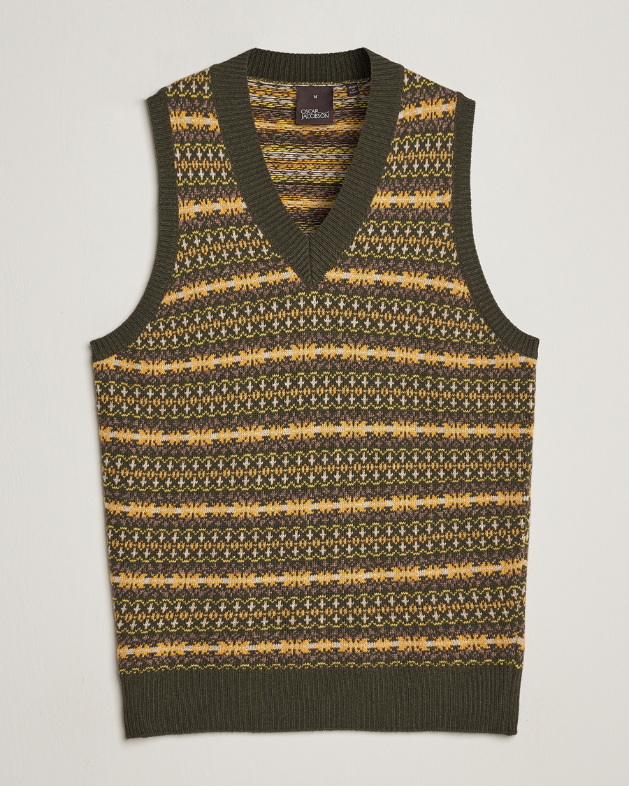Herr | Tröjor | Oscar Jacobson | Lucas Fairisle Wool/Cashmere Vest Green