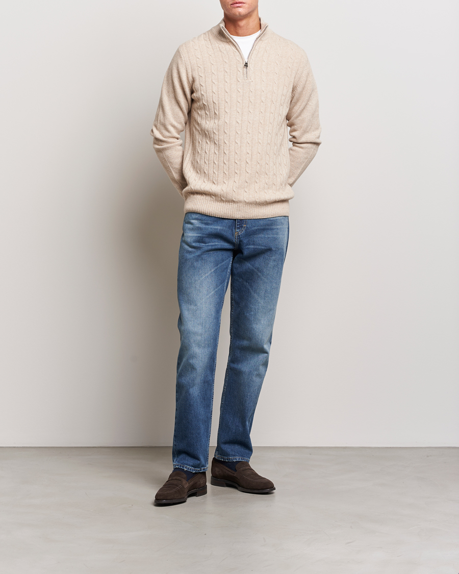 Herr | Tröjor | Oscar Jacobson | Percy Wool/Cashmere Knitted Half Zip Beige