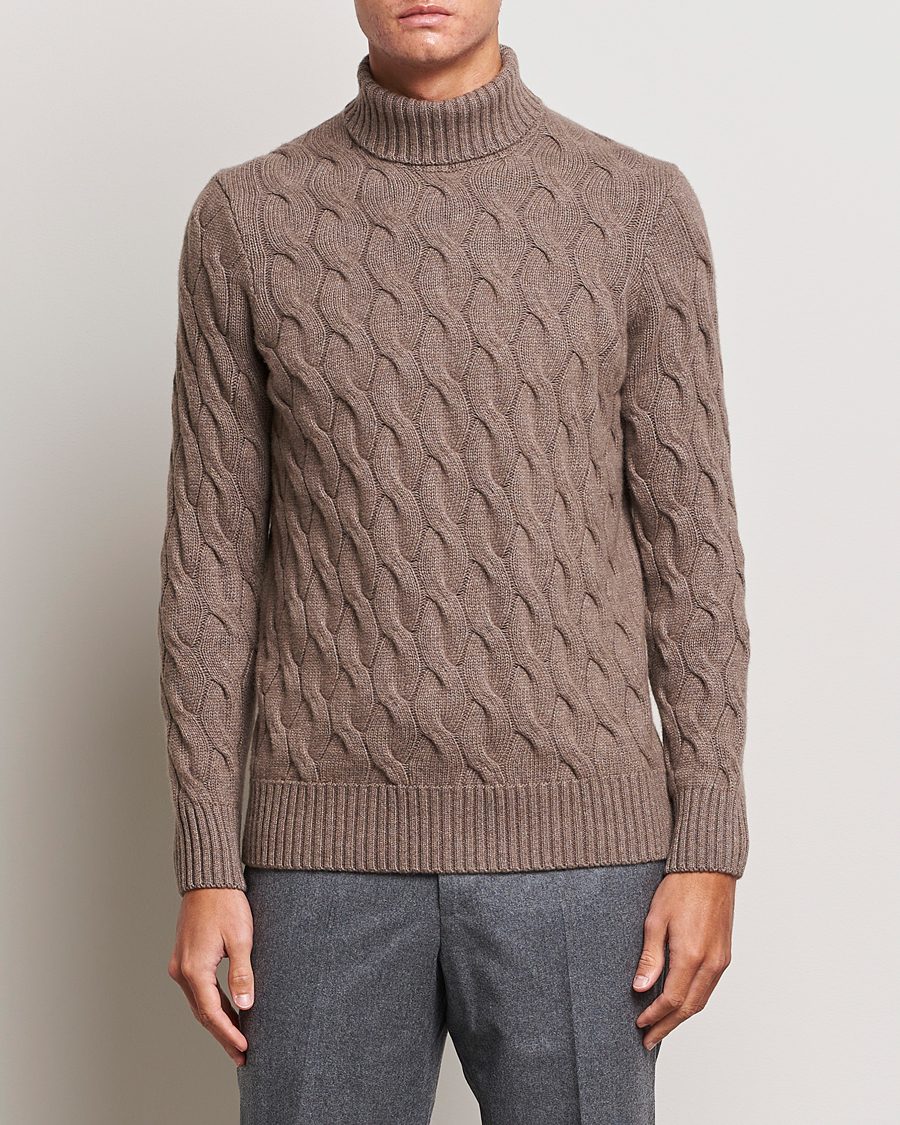 Herr | Polotröjor | Oscar Jacobson | Seth Heavy Knitted Wool/Cashmere Cable Rollneck Brown