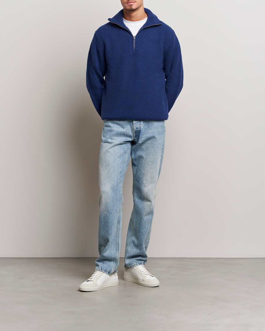 Herr | Tröjor | Nudie Jeans | August Wool Rib Knitted Half Zip Royal Blue