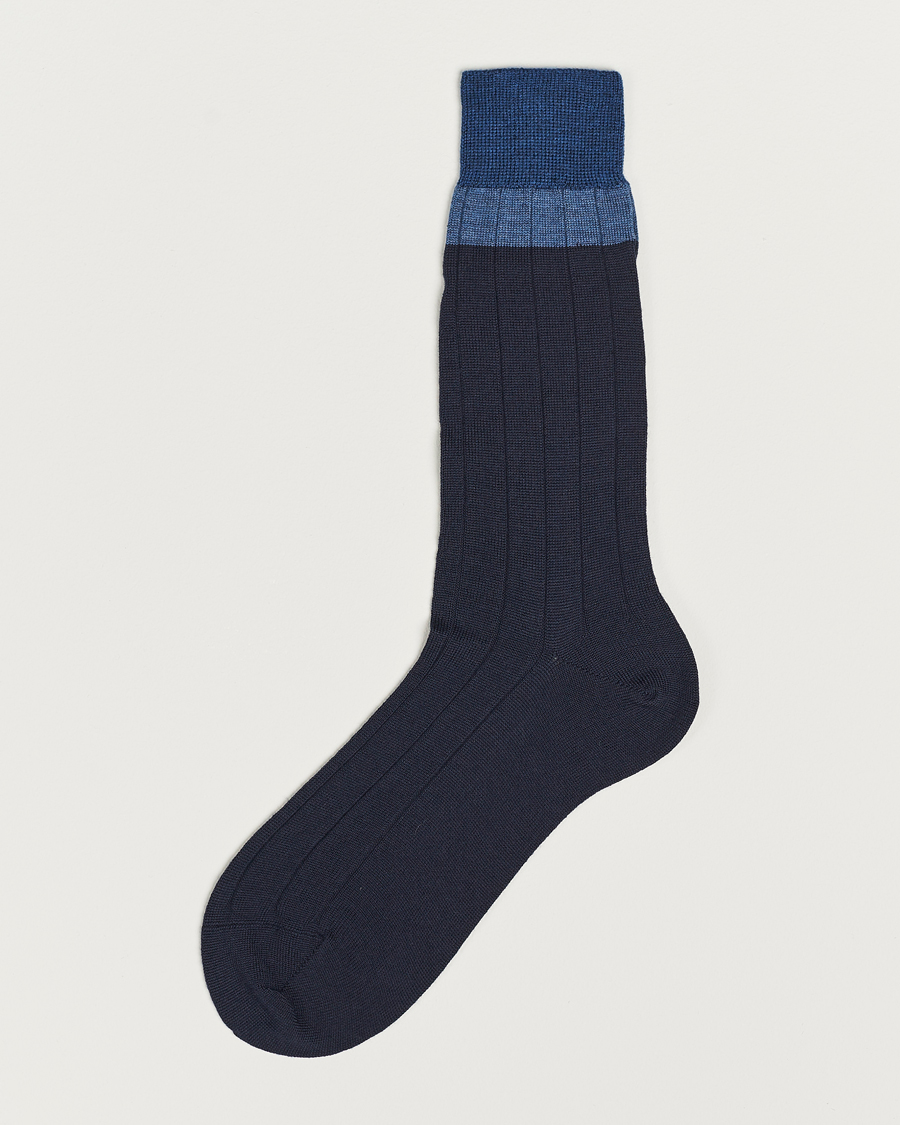 Herr | Underkläder | Bresciani | Wide Ribbed Block Stripe Wool Socks Navy