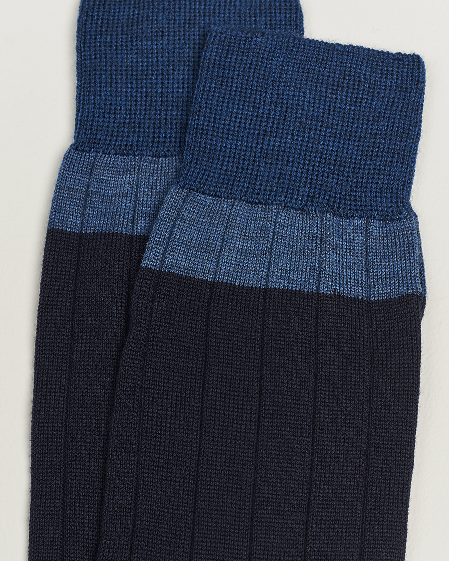 Herr |  | Bresciani | Wide Ribbed Block Stripe Wool Socks Navy