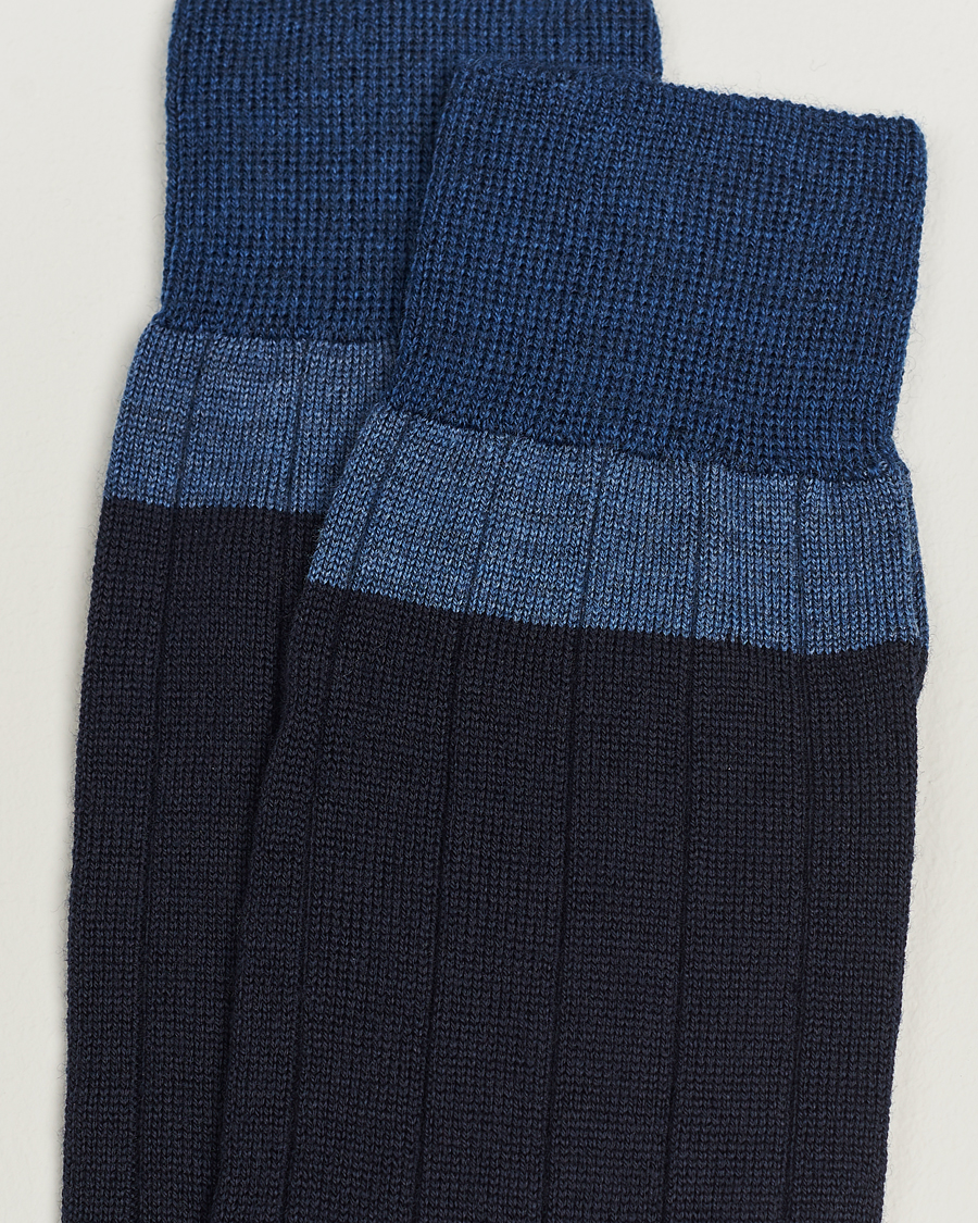 Herr | Underkläder | Bresciani | Wide Ribbed Block Stripe Wool Socks Navy