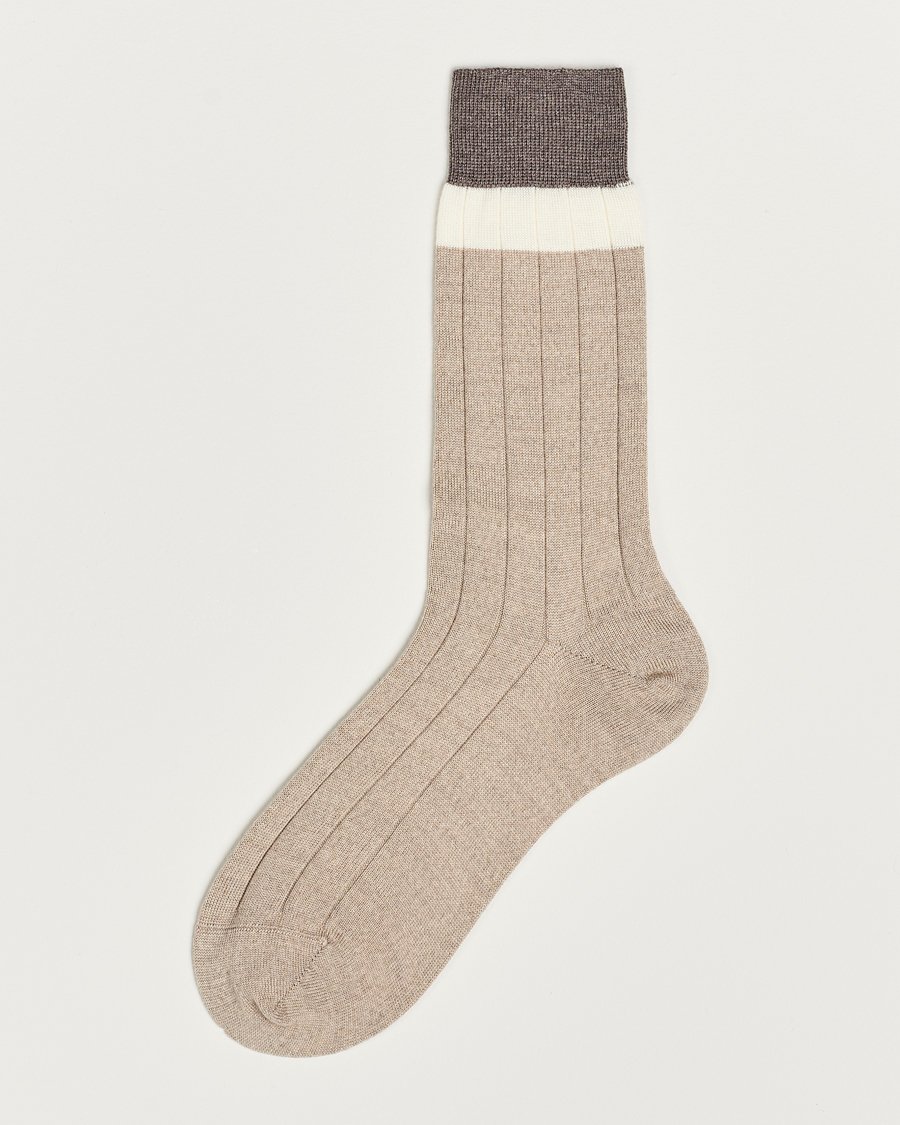 Herr | Underkläder | Bresciani | Wide Ribbed Block Stripe Wool Socks Biege