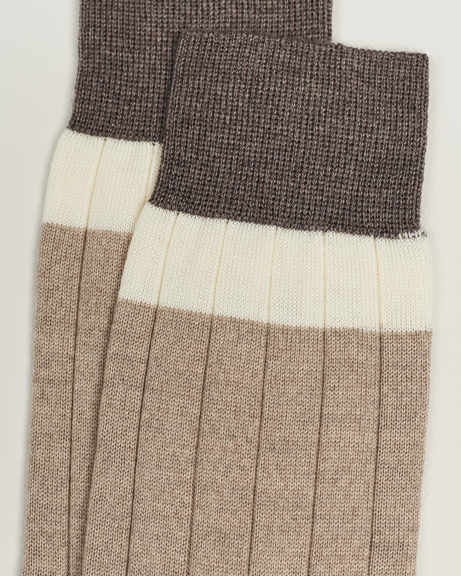 Herr | Underkläder | Bresciani | Wide Ribbed Block Stripe Wool Socks Biege