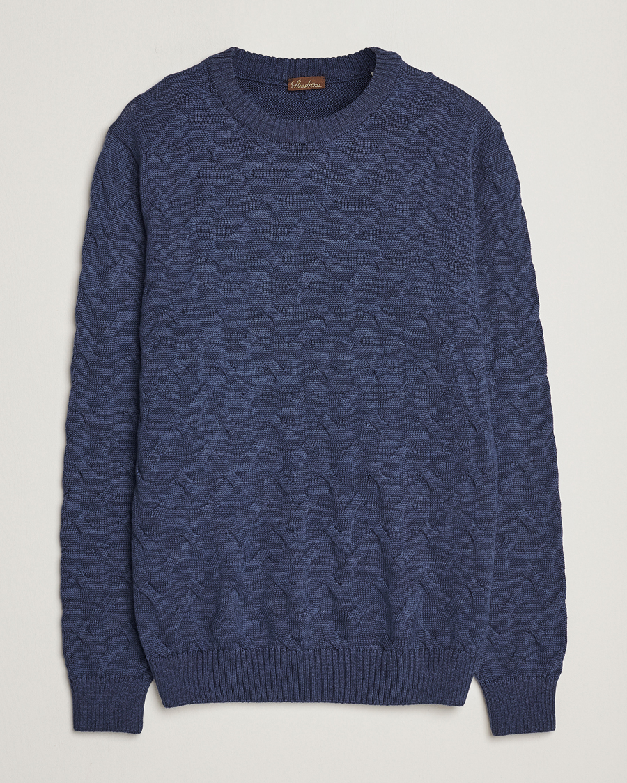 Herr | Tröjor | Stenströms | Heavy Cable Merino Crew Neck Blue