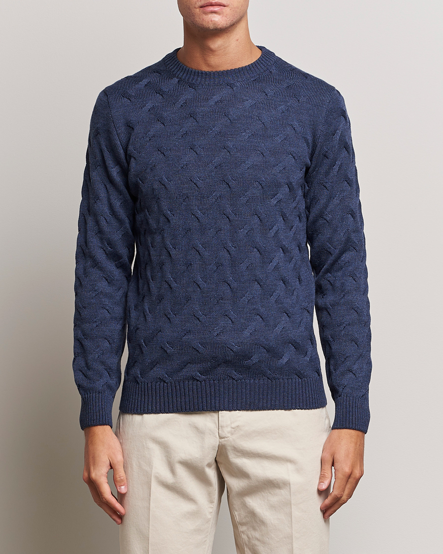 Herr | Tröjor | Stenströms | Heavy Cable Merino Crew Neck Blue