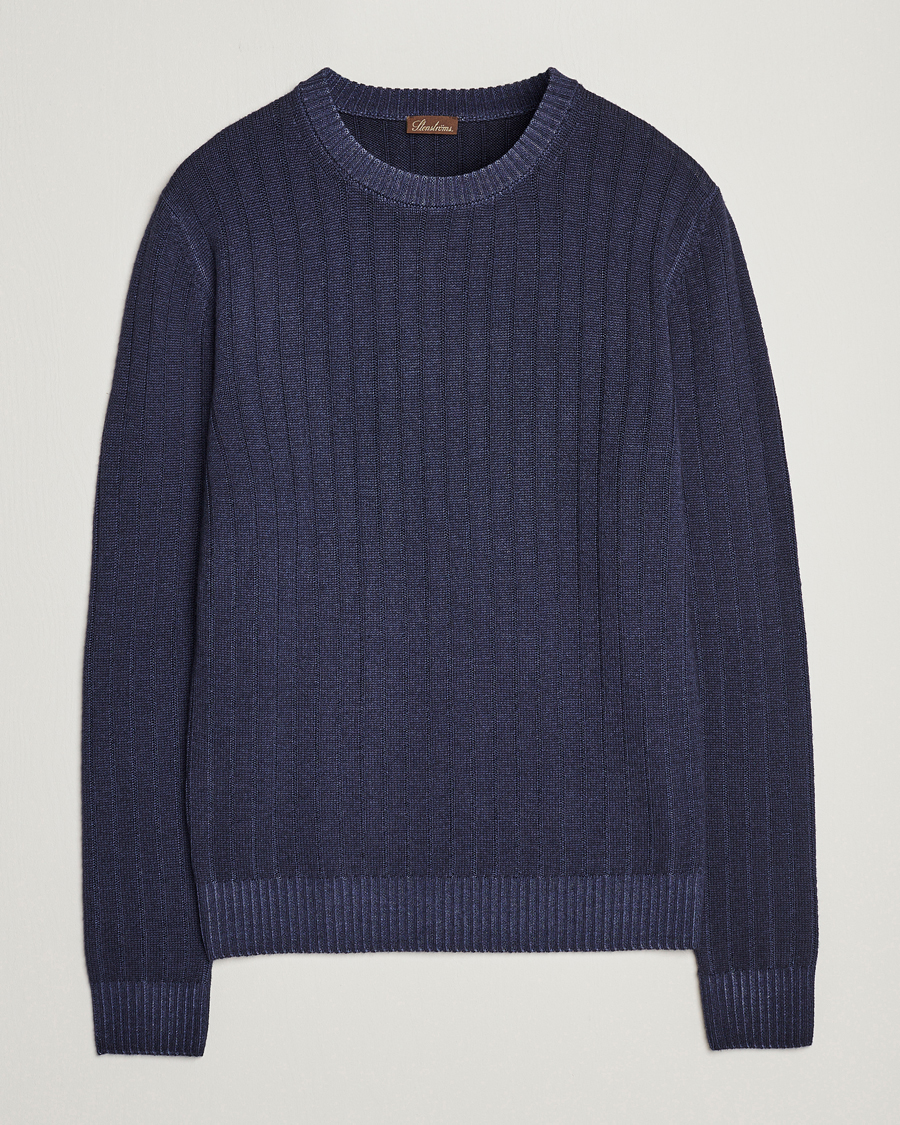 Herr | Tröjor | Stenströms | Garment Dyed Ribbed Merino Wool Crewneck Blue