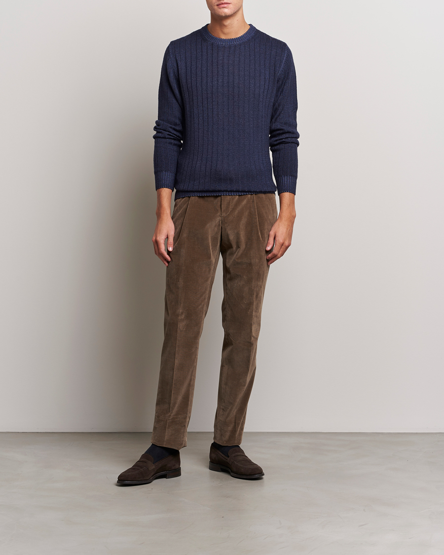 Herr | Tröjor | Stenströms | Garment Dyed Ribbed Merino Wool Crewneck Blue