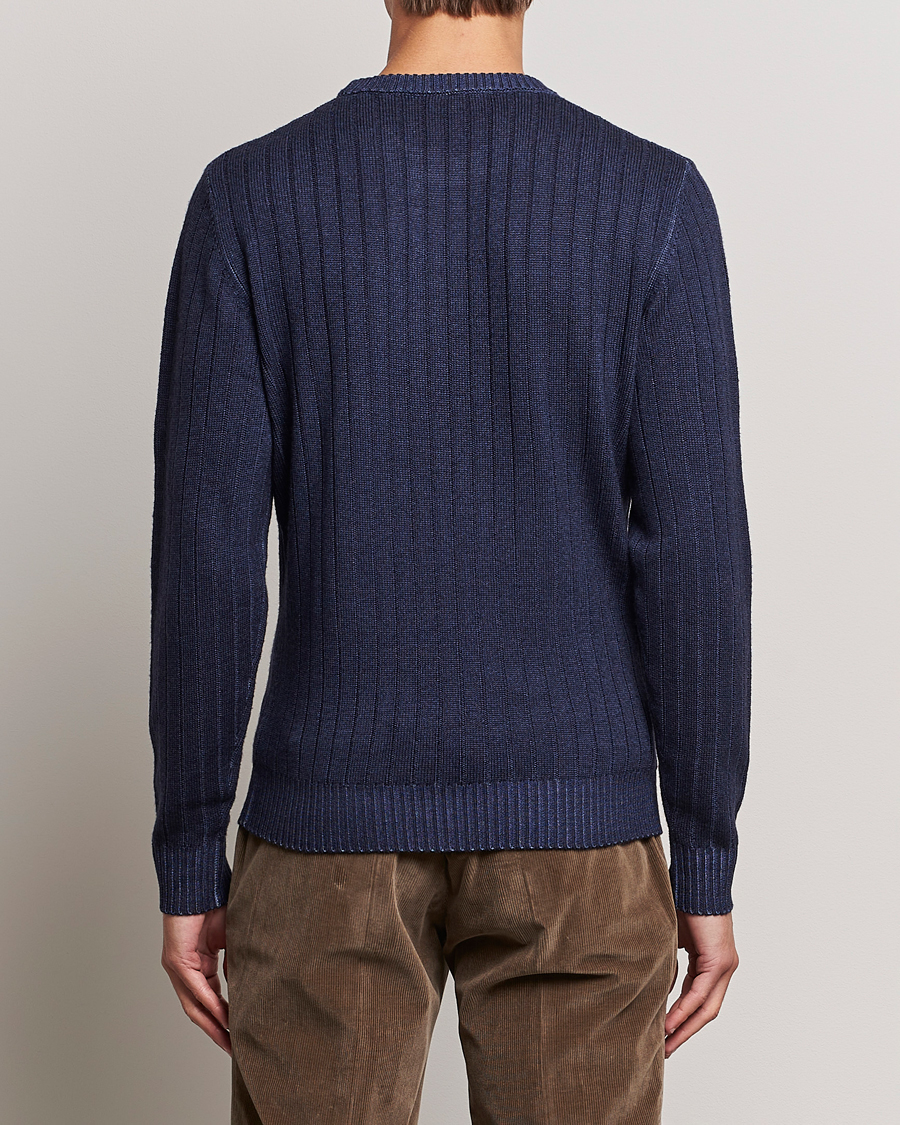 Herr | Tröjor | Stenströms | Garment Dyed Ribbed Merino Wool Crewneck Blue