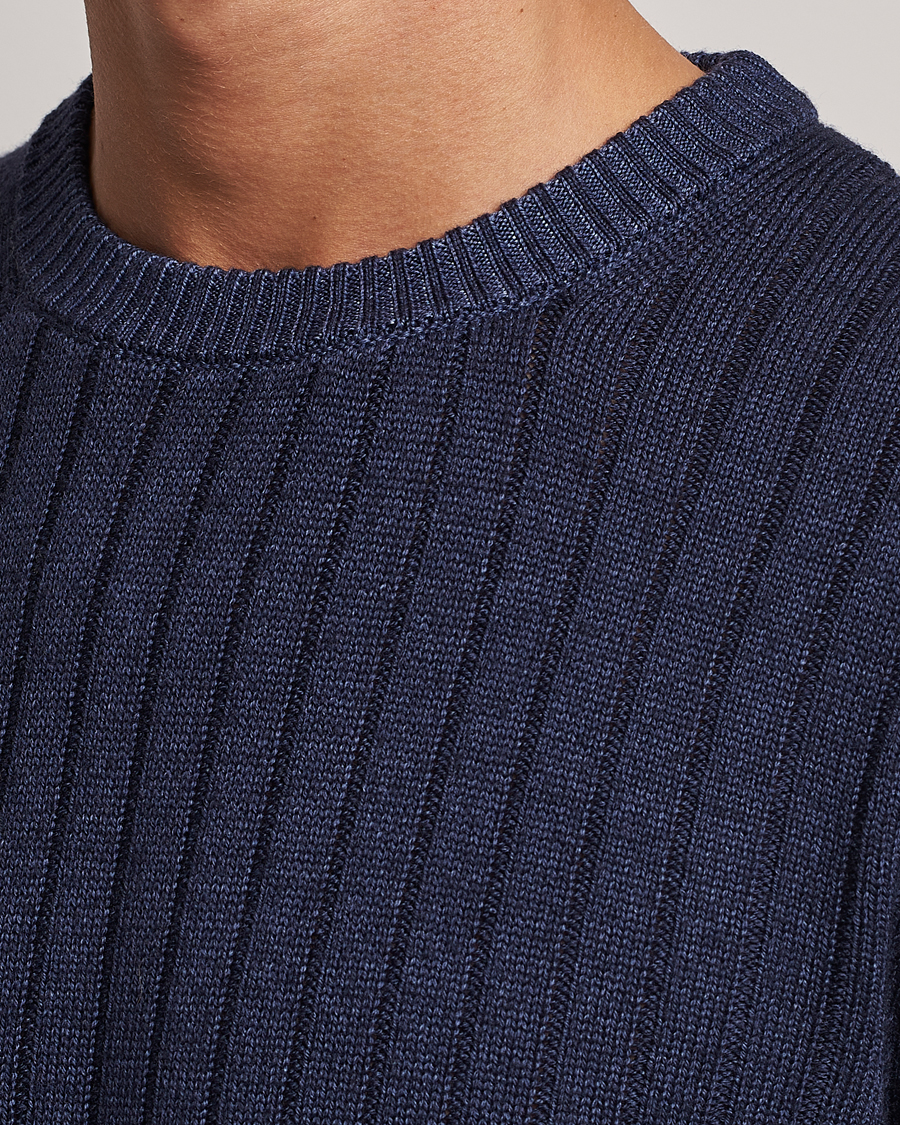 Herr | Tröjor | Stenströms | Garment Dyed Ribbed Merino Wool Crewneck Blue