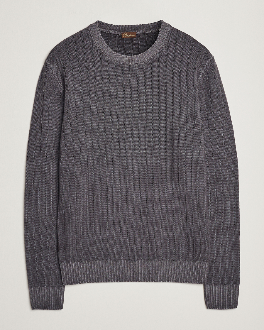 Herr | Tröjor | Stenströms | Garment Dyed Ribbed Merino Wool Crewneck Grey
