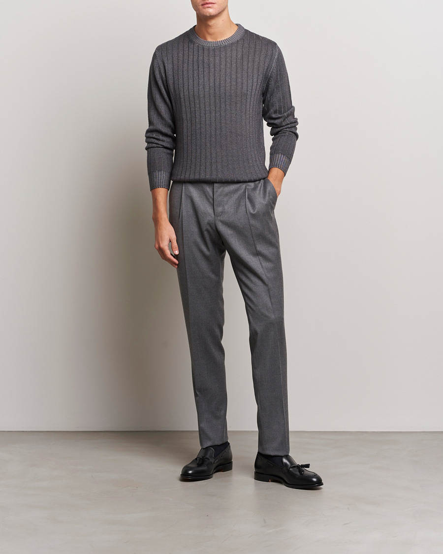 Herr | Tröjor | Stenströms | Garment Dyed Ribbed Merino Wool Crewneck Grey