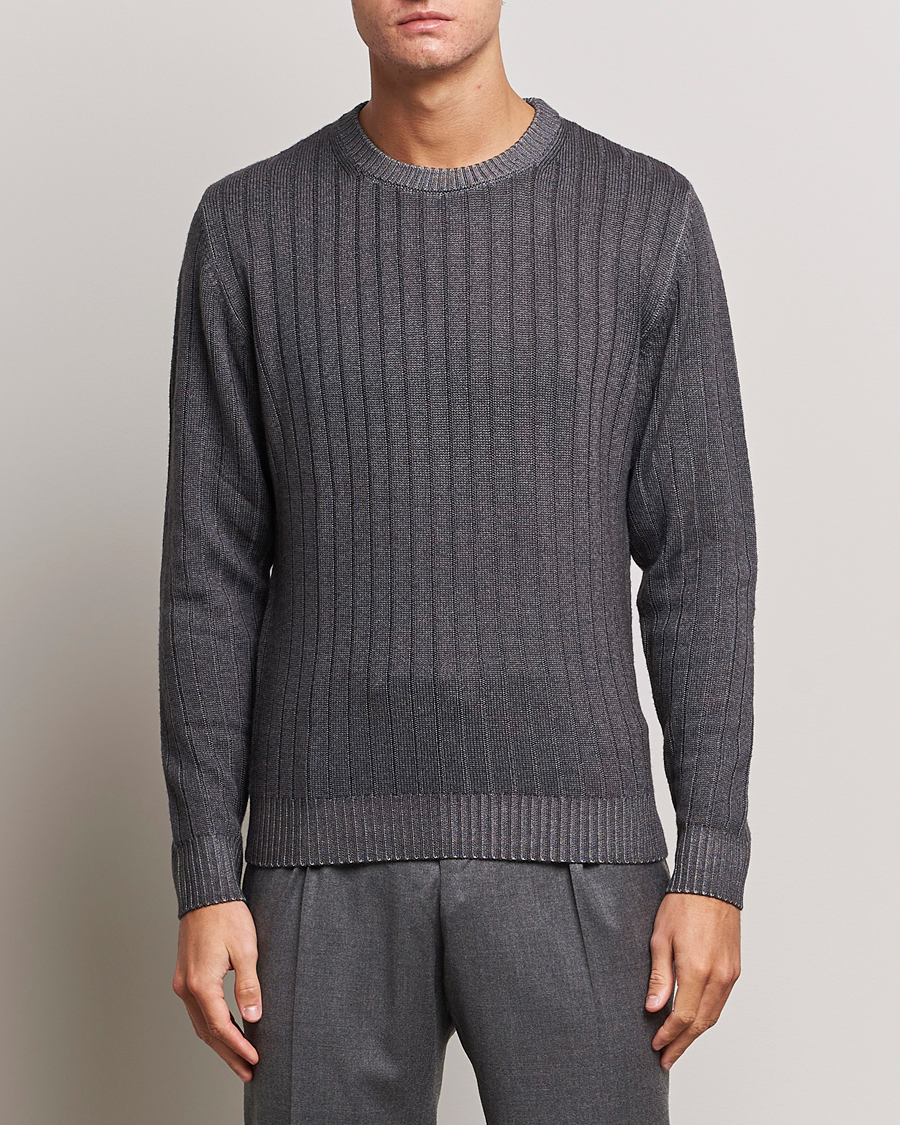 Herr | Tröjor | Stenströms | Garment Dyed Ribbed Merino Wool Crewneck Grey