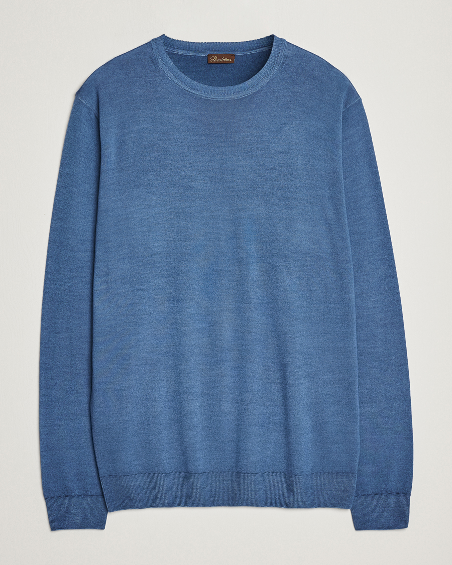 Herr | Tröjor | Stenströms | Garment Dyed Merino Wool Crewneck Blue