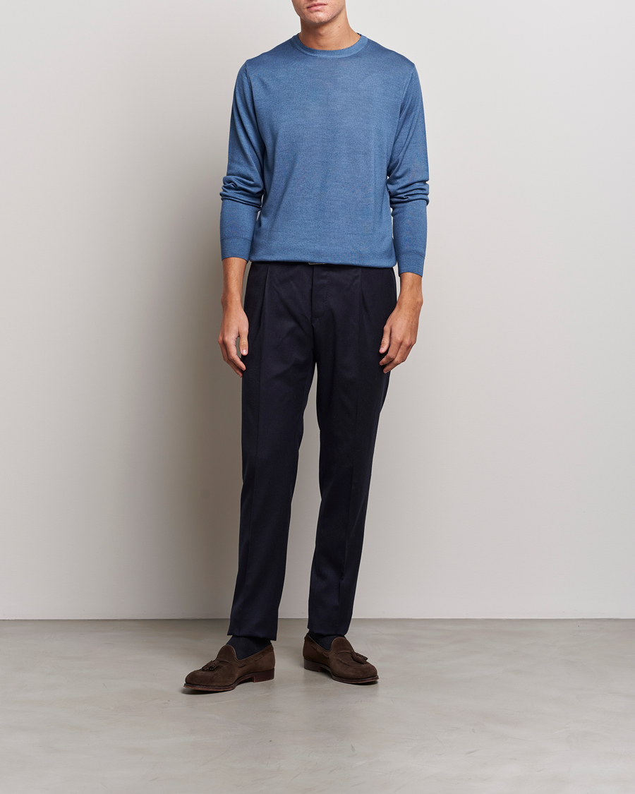Herr | Tröjor | Stenströms | Garment Dyed Merino Wool Crewneck Blue
