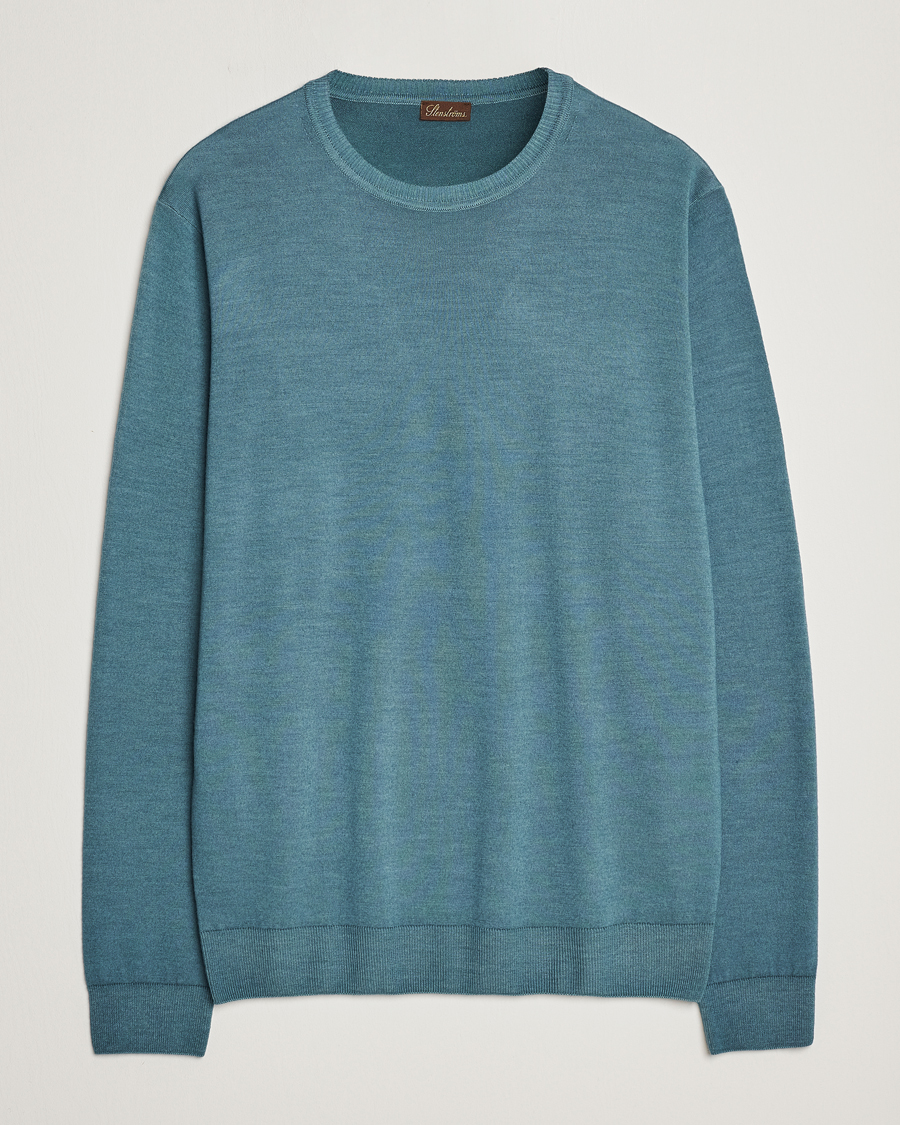 Herr | Tröjor | Stenströms | Garment Dyed Merino Wool Crewneck Petrol
