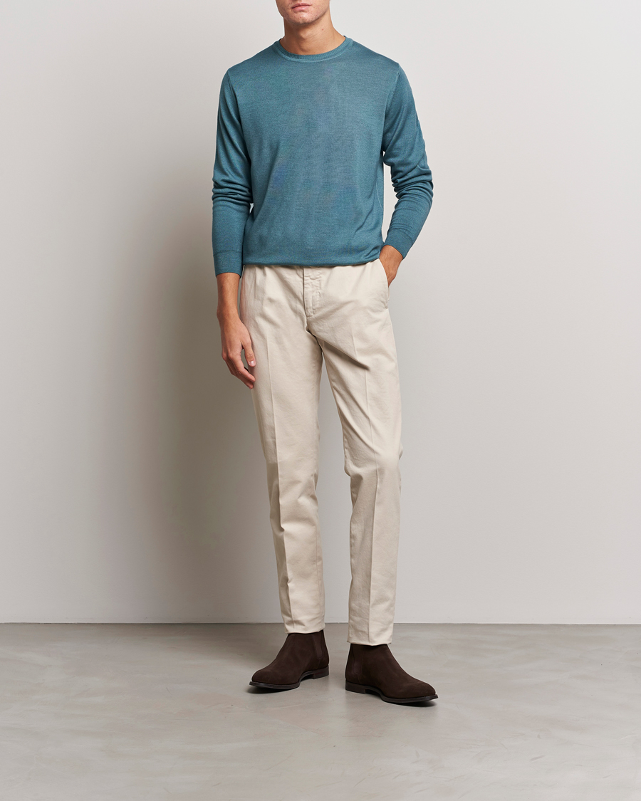Herr | Tröjor | Stenströms | Garment Dyed Merino Wool Crewneck Petrol