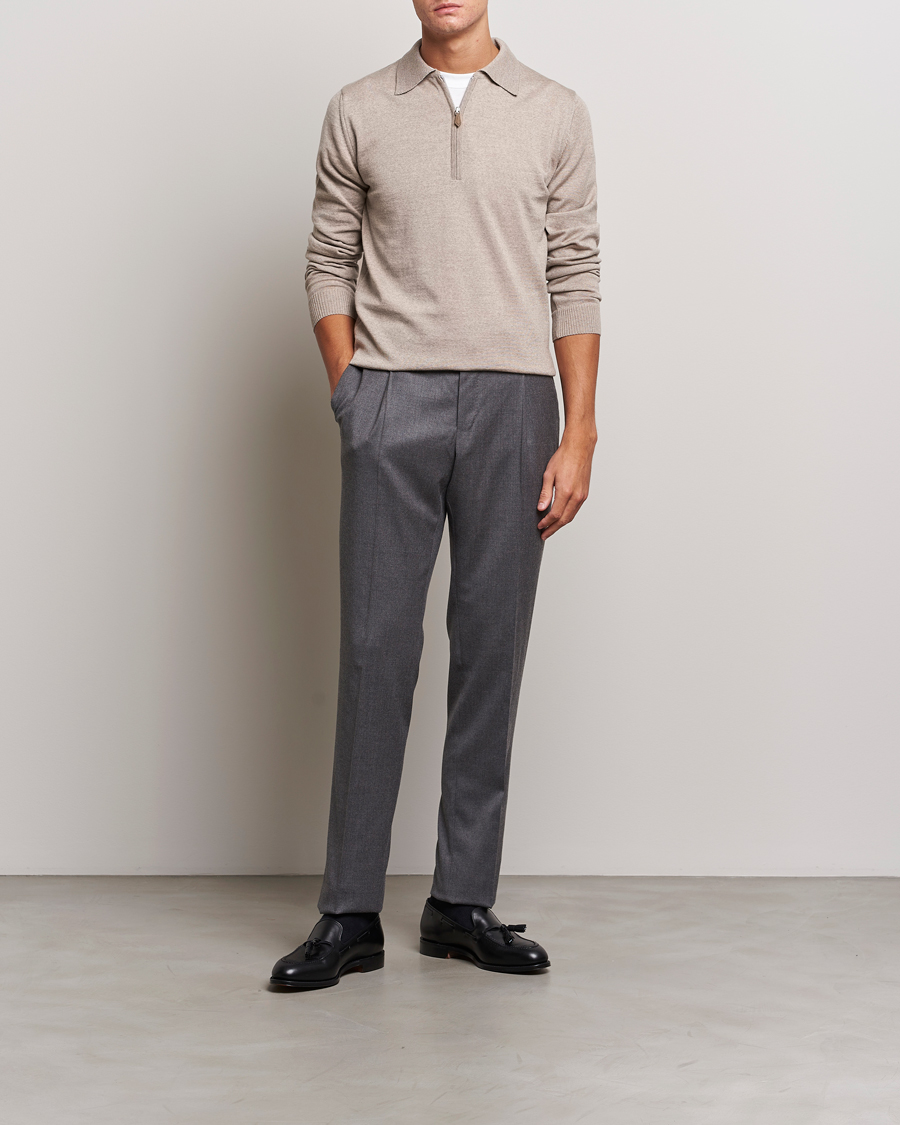 Herr | Tröjor | Stenströms | Merino Wool Zip Polo Beige