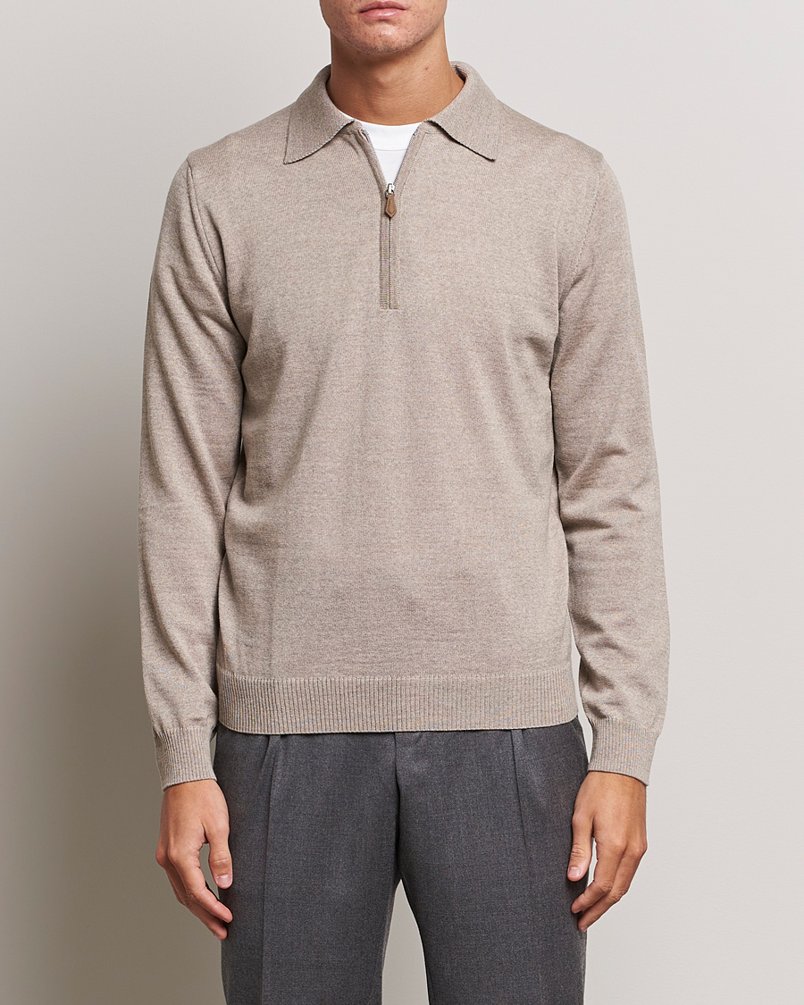 Herr | Tröjor | Stenströms | Merino Wool Zip Polo Beige