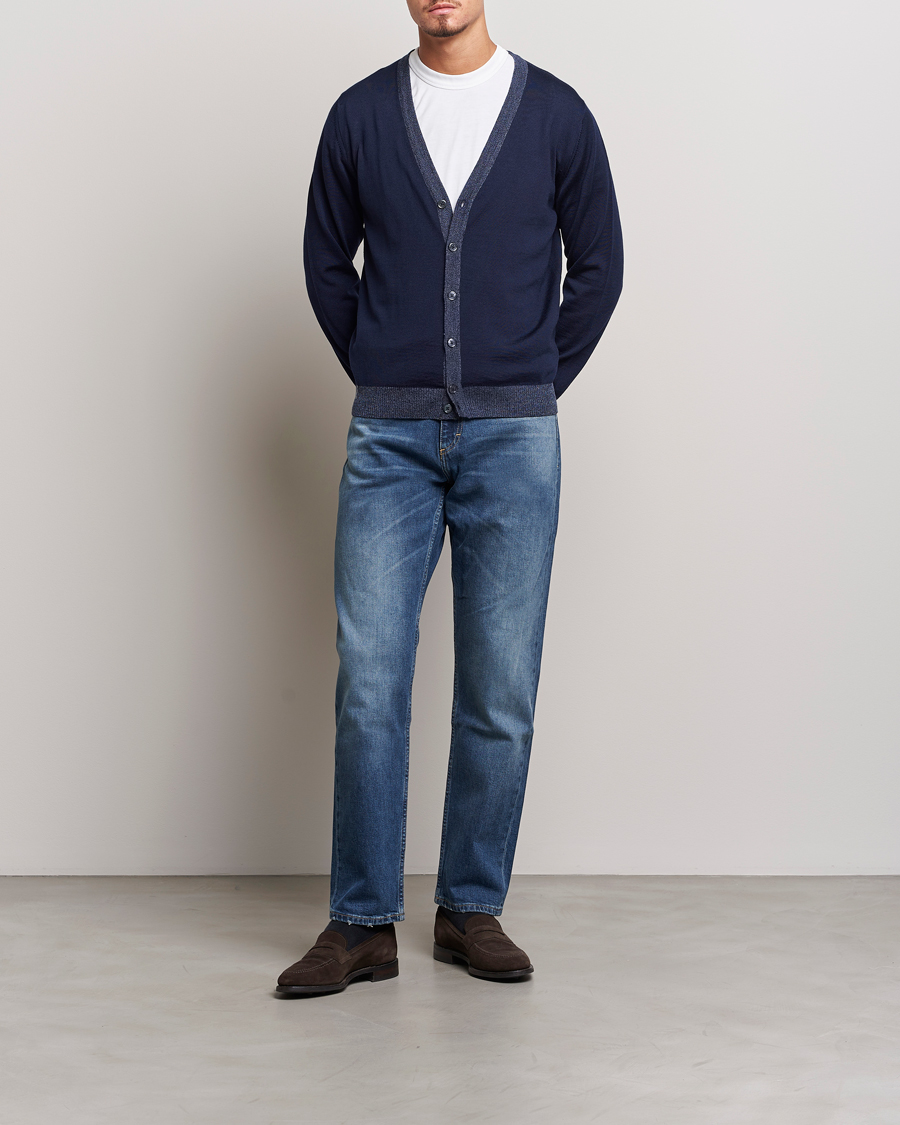 Herr | Tröjor | Stenströms | Merino Wool Contrast Cardigan Navy