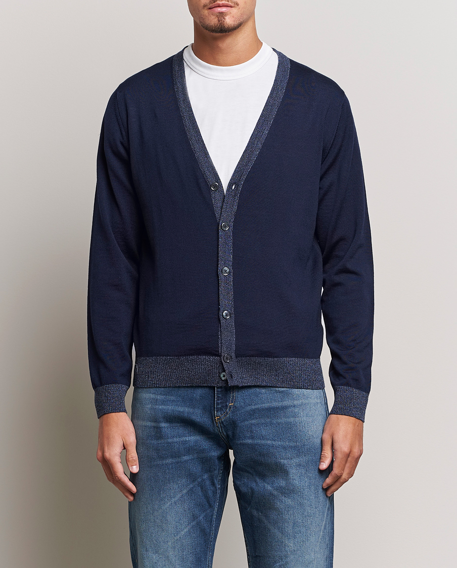 Herr | Realisation | Stenströms | Merino Wool Contrast Cardigan Navy