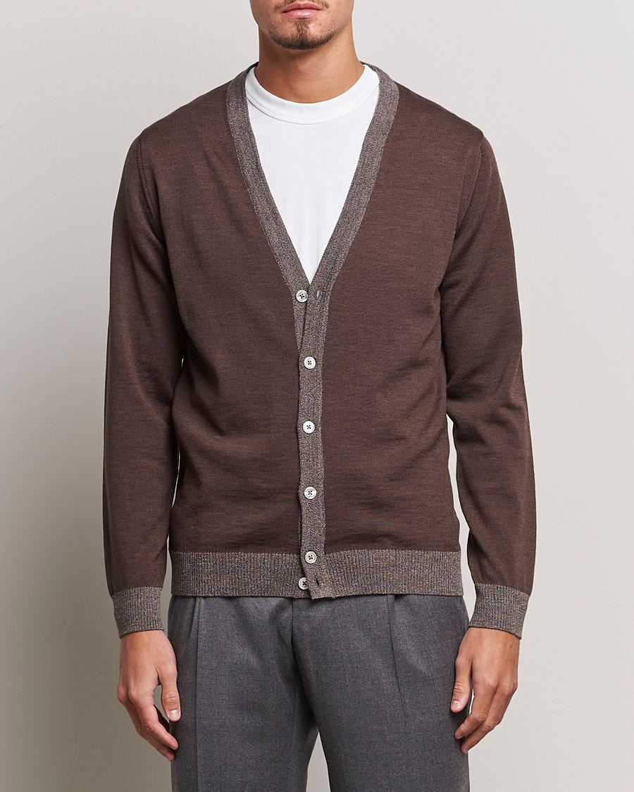 Herr | Tröjor | Stenströms | Merino Wool Contrast Cardigan Brown