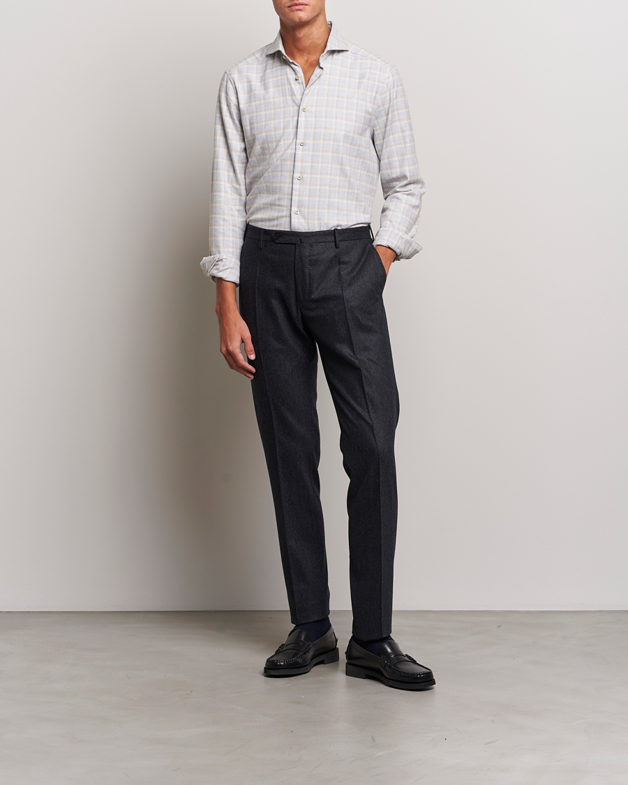 Herr | Skjortor | Stenströms | Slimline Checked Cut Away Flannel Shirt Light Grey