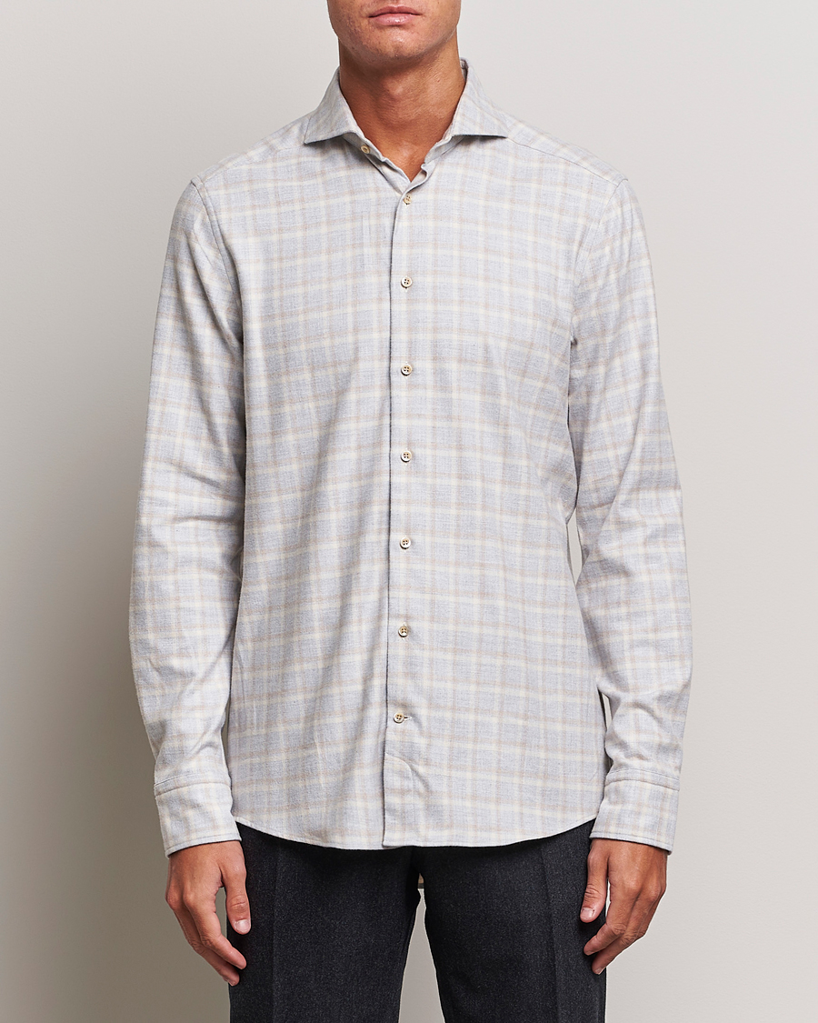 Herr | Skjortor | Stenströms | Slimline Checked Cut Away Flannel Shirt Light Grey