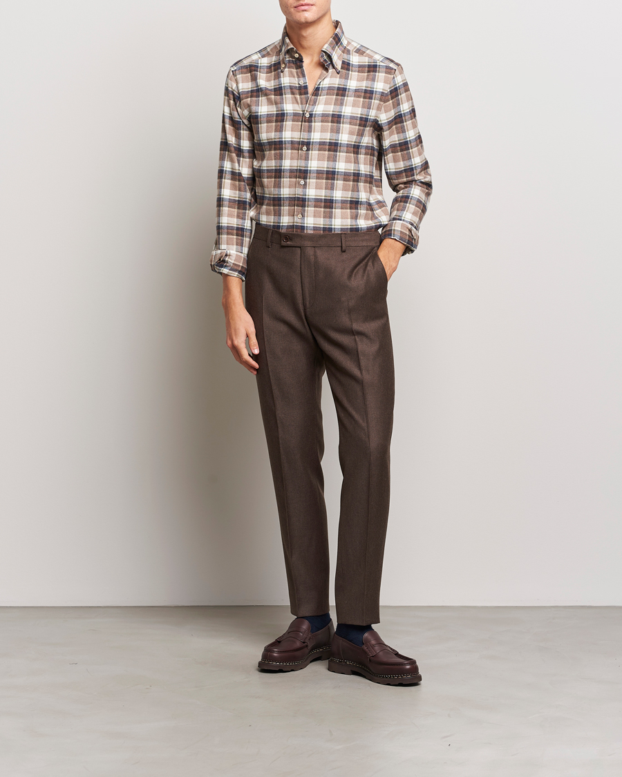 Herr | Skjortor | Stenströms | Slimline Checked Button Down Flannel Shirt Beige