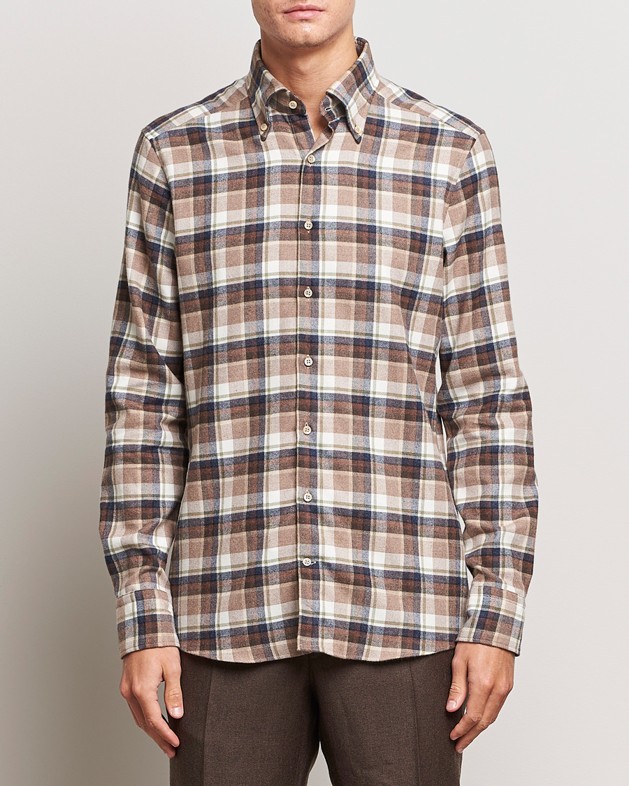 Herr | Skjortor | Stenströms | Slimline Checked Button Down Flannel Shirt Beige