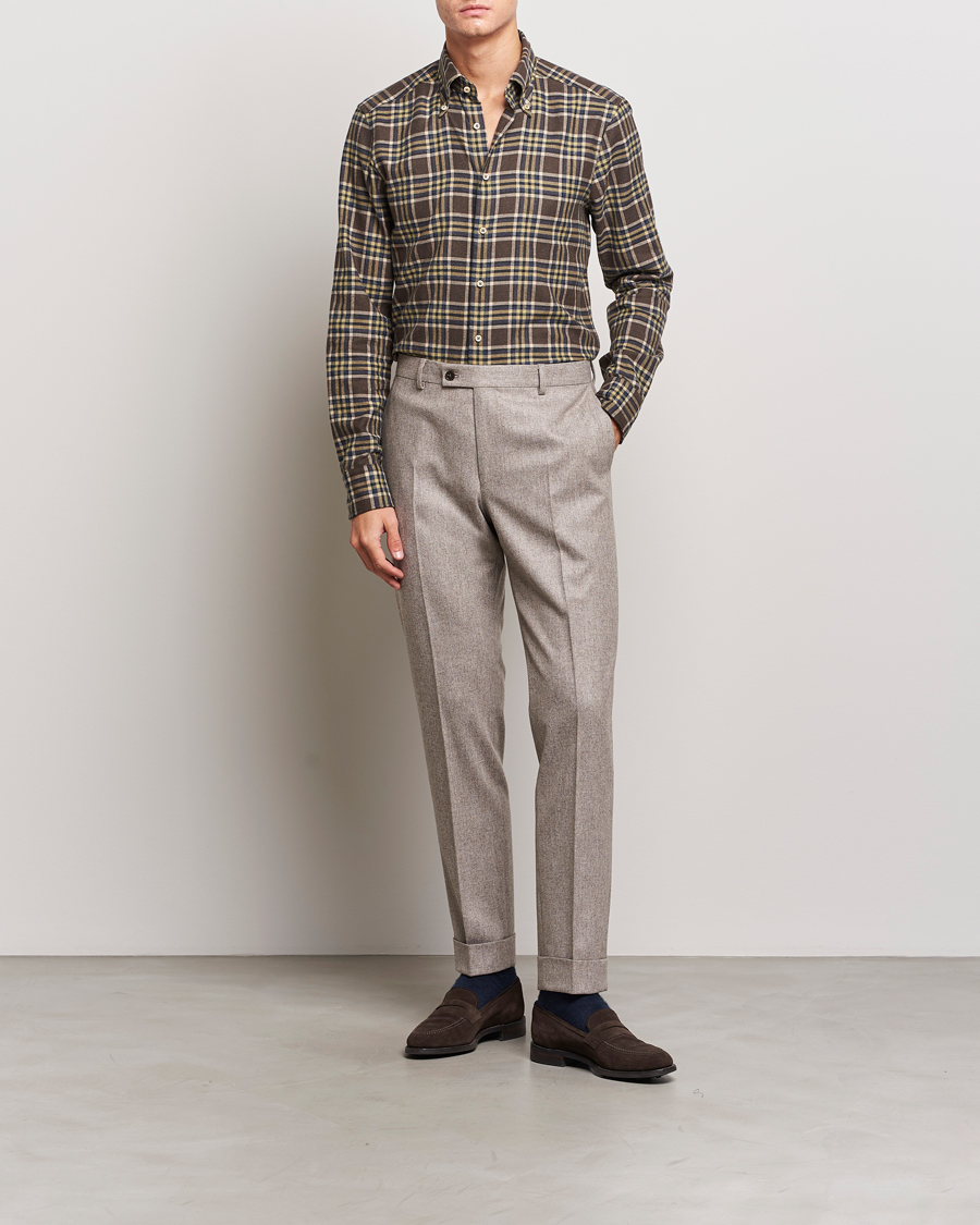 Herr | Skjortor | Stenströms | Slimline Checked Button Down Flannel Shirt Brown