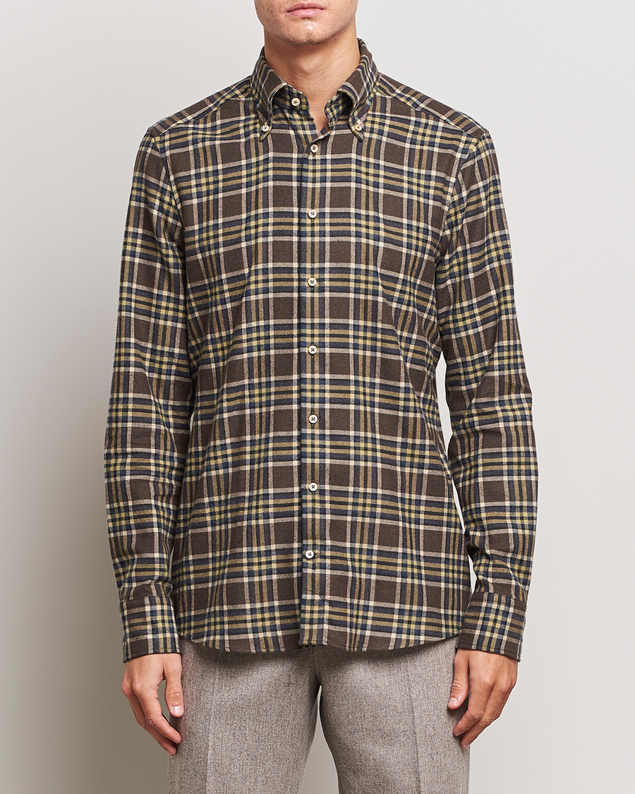 Herr | Skjortor | Stenströms | Slimline Checked Button Down Flannel Shirt Brown