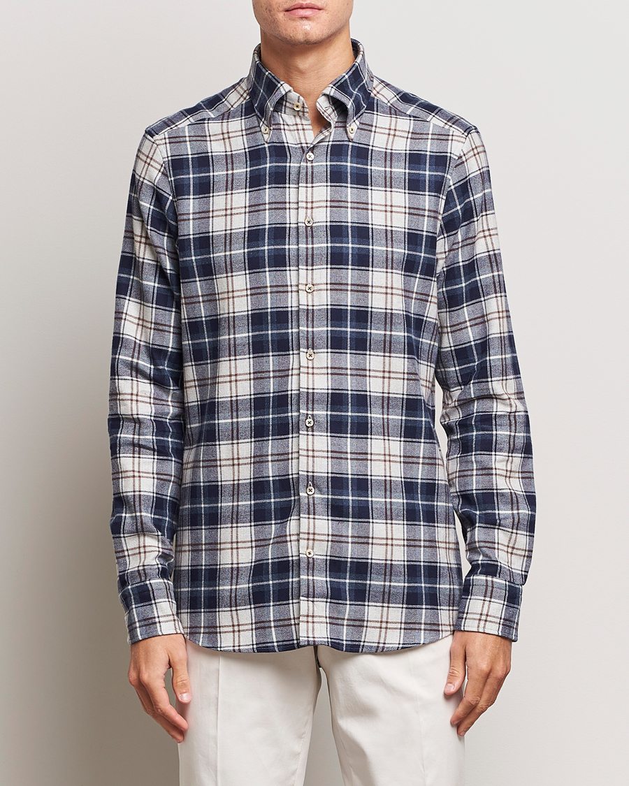 Herr | Skjortor | Stenströms | Slimline Checked Button Down Flannel Shirt Blue