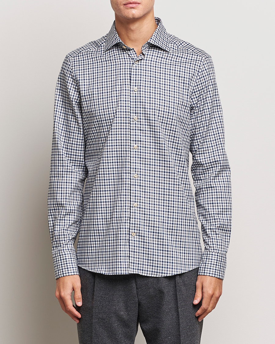 Herr |  | Stenströms | Slimline Small Checked Flannel Shirt Blue/Grey