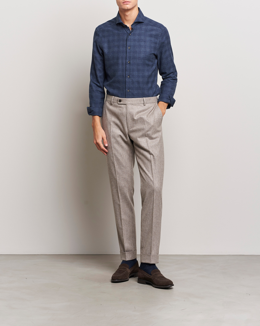 Herr | Skjortor | Stenströms | Slimline Checked Cut Away Flannel Shirt Navy